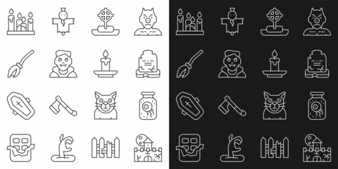 Set line Castle, fortress, Eye in jar, Tombstone with RIP written, cross, Vampire, Witches broom, Burning candle and icon. Vector