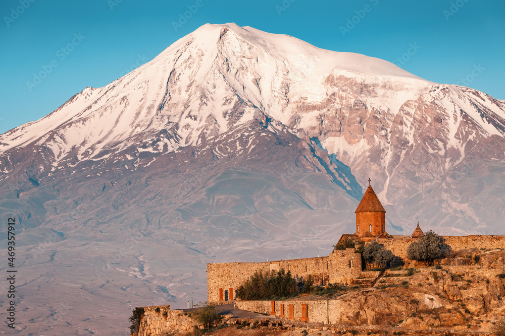 Wall mural one of the main travel destinations of armenia - popular monastery of khor virap and the famous moun