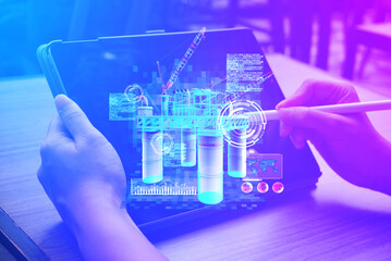 Business Woman use hologram AR display device to present innovatin construction industry structure on smart meeting network , futuristic in metaverse concept. 