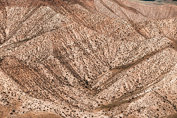 Desert landscape with folded mountains with sparse shrubs in asian country with an arid climate and anhydrous soil. Extreme terrain wallpaper