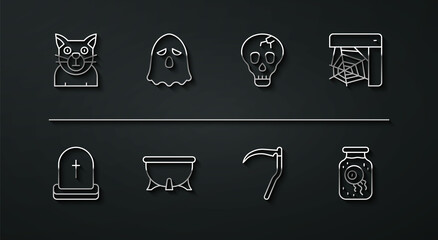 Set line Cat, Tombstone with RIP written, Spider web, Scythe, Halloween witch cauldron, Ghost, Eye in jar and Skull icon. Vector