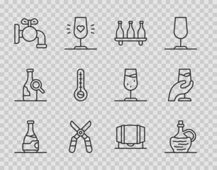 Set line Bottle of wine, Wine italian fiasco bottle, Gardening scissors, Tap for barrel, Meteorology thermometer, Wooden and tasting, degustation icon. Vector