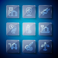 Set line Trolley baggage, No scissors, Plane, water bottle, Human waiting in airport terminal, Suitcase and Scale with suitcase icon. Vector