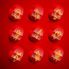 Set line Airplane window, No water bottle, Conveyor belt with suitcase, search, Paper airplane, Lost baggage, Plane and Suitcase icon. Vector