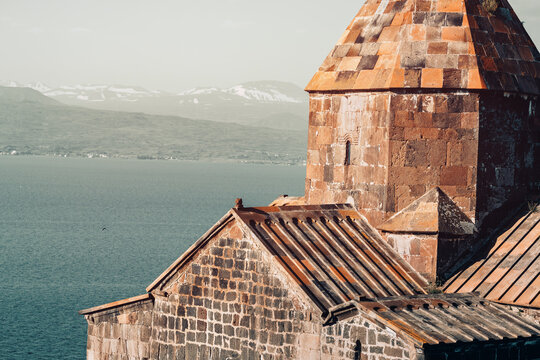 Close-up architectural detail of the ancient Armenian Church in the Medieval monastery complex Sevanavank near Lake Sevan.