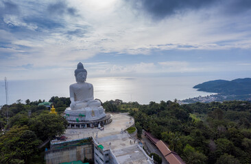 aerial view Phuket big Buddha in blue sky..Phuket Big Buddha is one of the island most important and revered landmarks on the island..image for travel and culture concept.