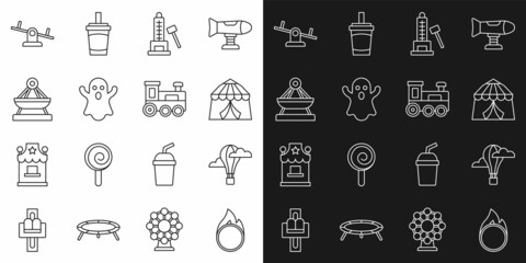 Set line Circus fire hoop, Hot air balloon, tent, Striker attraction with hammer, Ghost, Boat swing, Seesaw and Toy train icon. Vector