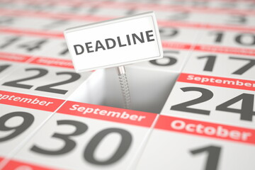 DEADLINE plate on September 23 in a calendar, 3d rendering