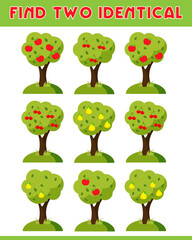 Logic puzzle game for children and adults. Need to find two identical trees. Printable page for kids brain teaser book. Developing spatial thinking skills. IQ test. Flat vector cartoon image.