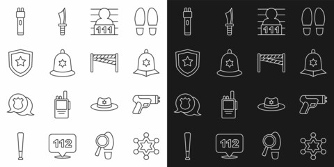 Set line Hexagram sheriff, Police electric shocker, British police helmet, Suspect criminal, badge, and Crime scene icon. Vector