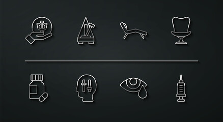 Set line Psychology, Psi, Sedative pills, Armchair, Tear cry eye, Solution to the problem, Metronome with pendulum, Addiction drug and icon. Vector