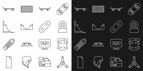 Set line Skateboard Y-tool, Knee pads, wheel, park, and icon. Vector