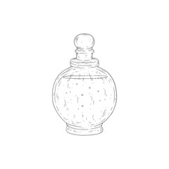 Perfume, mixture of fragrant essential oils or aroma compounds, in a glass bottle outline vector sketch.