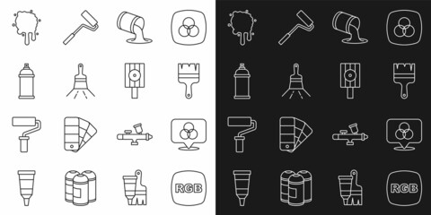 Set line RGB, and CMYK color mixing, Paint brush, bucket, spray can, and Spray nozzle cap icon. Vector