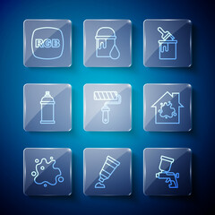 Set line Paint spray, Tube with paint palette, gun, bucket brush, roller, can, RGB and Painting the house icon. Vector