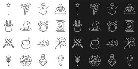 Set line Wooden axe, Magic wand, Tarot cards, Ghost, Witch hat, Magician rabbit ears, and stone ring icon. Vector