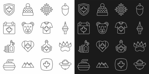 Set line Canadian ranger hat, Bear paw footprint, TV CN Tower Toronto, Snowflake, head, Canada day with maple leaf, flag shield and Hockey jersey icon. Vector