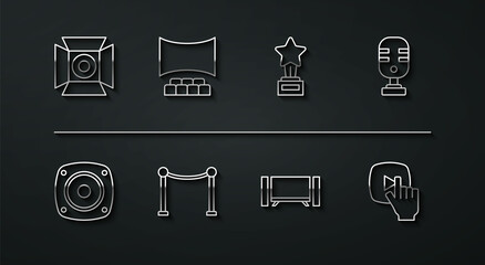 Set line Movie spotlight, Stereo speaker, Microphone, Smart Tv, Rope barrier, Cinema auditorium with screen, Online play video and trophy icon. Vector