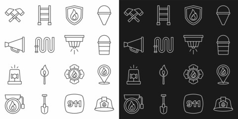 Set line Firefighter helmet, Location with fire flame, bucket, protection shield, hose reel, Megaphone, axe and Smoke alarm system icon. Vector