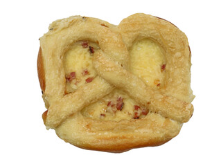 top view of cheese pretzel with diced ham isolated on white background