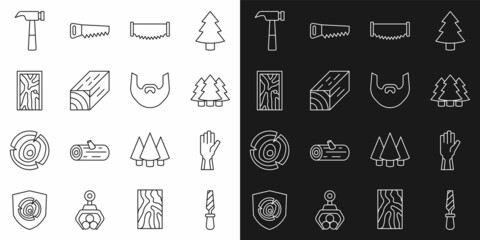 Set line Rasp metal file, Protective gloves, Christmas tree, Two-handed saw, Wooden beam, Closed door, Hammer and Mustache beard icon. Vector
