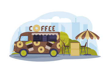 Brown Food Truck in Green Park Area Cooking and Selling Street Food Vector Illustration