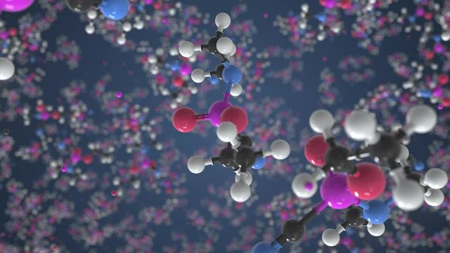 Tabun molecule made with balls, scientific molecular model. Looping 3D animation or motion background
