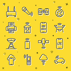 Set line Smart car system, LTE network, drone, Data transfer and storage, home with wi-fi, printer, Router signal and Mobile wireless icon. Vector