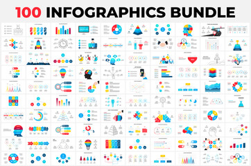 Fototapeta na wymiar Huge Infographics Bundle. 100 presentation slide templates - timelines, puzzle, education, arrows, doodle, illustrations and charts. Bestsellers collection