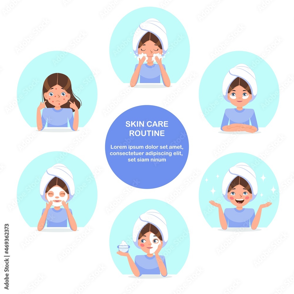 Wall mural Set of 6 Young woman using cosmetic skin cleaning. Skin care and dermatology problems. Teenager skin. Acne and dry skin. Flat cartoon vector illustration. Health and skincare procedure illustration.