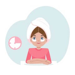 Young woman using cosmetic face mask. Skin care and dermatology concept with watch. Teenager skin. Flat cartoon vector illustration. Health and skincare procedure illustration.