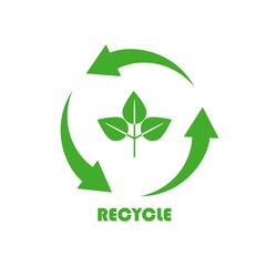Garbage recycling logo. Vector recycling arrows with the small green leafs. Reuse Reduce Recycle. Conscious consumption.reuse waste cycle concept. Flat design for ecology campaign.