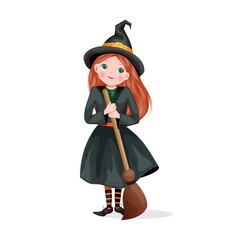 cute little witch witch in a black hat and with a broom. Halloween characters. Vector illustration EPS 10