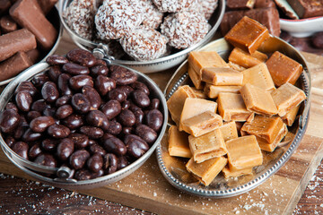 Assortment of delicious chocolate candies background. Chocolate candy isolated 