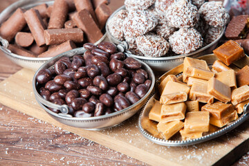 Assortment of delicious chocolate candies background. Chocolate candy isolated 