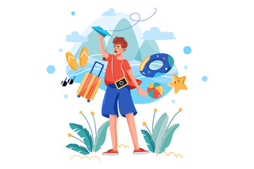 Boy planning for a vacation trip Illustration concept. Flat illustration isolated on white background.