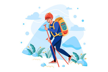 Male trekker with trekking bag Illustration concept. Flat illustration isolated on white background.