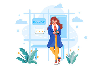 Girl waiting for the bus Illustration concept. Flat illustration isolated on white background.
