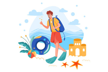 Man getting ready for Scuba diving Illustration concept. Flat illustration isolated on white background.