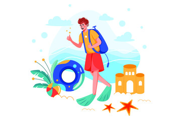 Man getting ready for Scuba diving Illustration concept. Flat illustration isolated on white background.