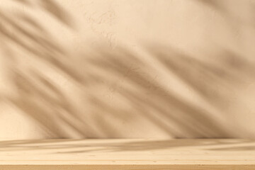 Podium wooden table on stucco background with branch shadow on the wall. Mock up for branding products, presentation and health care.	
