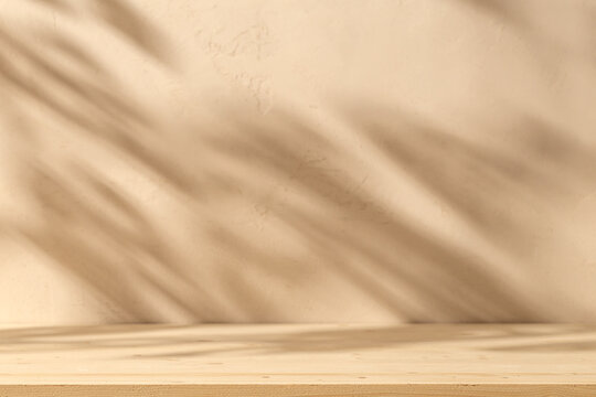 Podium Wooden Table On Stucco Background With Branch Shadow On The Wall. Mock Up For Branding Products, Presentation And Health Care.	
