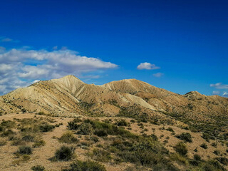 Drone photo of mountain view in the desert of Tabernas on a sunny day 