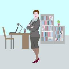 Illustration of a business lady in the office against the background of business elements