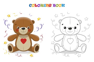 Cartoon Teddy bear with sepantin and stars. Coloring page and colorful clipart