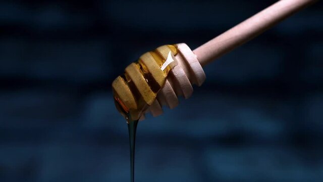 Honey dripping from honey dipper isolated on blue background