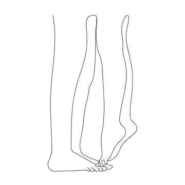 A pair of legs. A woman stands with her feet on a man's feet. A pair of lovers. Love, valentine's day, family. Line art, one line illustration. Vector.