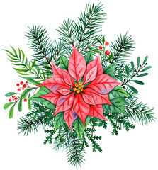 Winter watercolor bouquet, Christmas clipart New Year, poinsettia, spruce, foliage, holly greenery, winter berryes for holiday invitations
