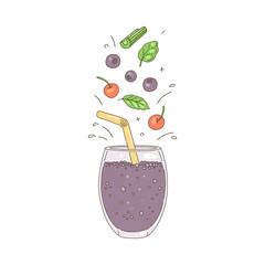 Berry detox cocktail with mix of vegetables, vector illustration isolated.