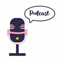 Media tool, mic and speech bubble podcast. Sound recording device, media equipment hand drawn vector illustration. Microphone, broadcasting facilities color drawing isolated on white background